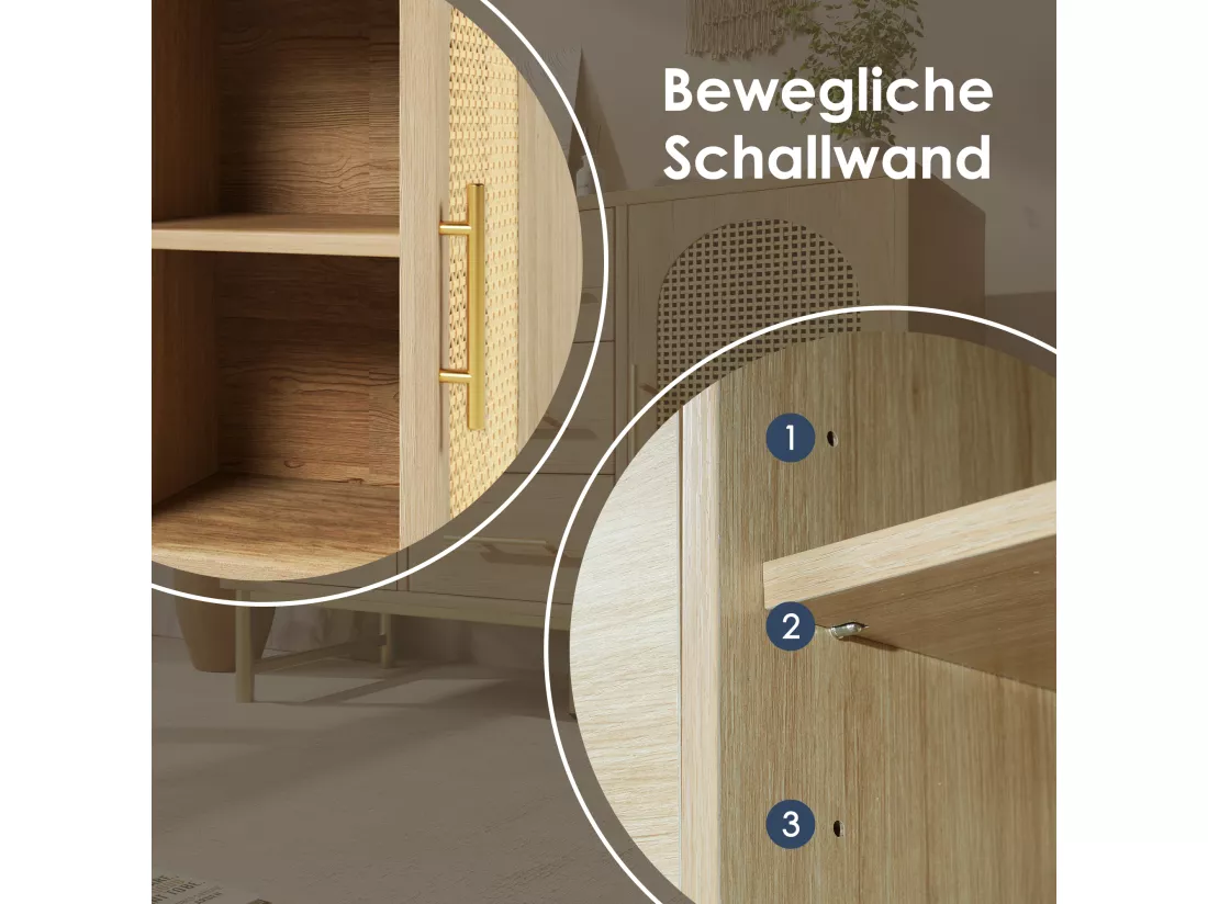 Buffet avec 3 tiroirs et 2 portes en rotin - 120 x 40 x 74 cm - Etagères réglables - Panneau de particules - Chêne