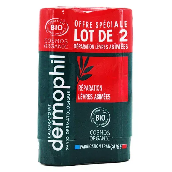 Dermophil Indien Bastão Reparador Orgânico para Lábios Danificados, Pacote com 2 x 4g