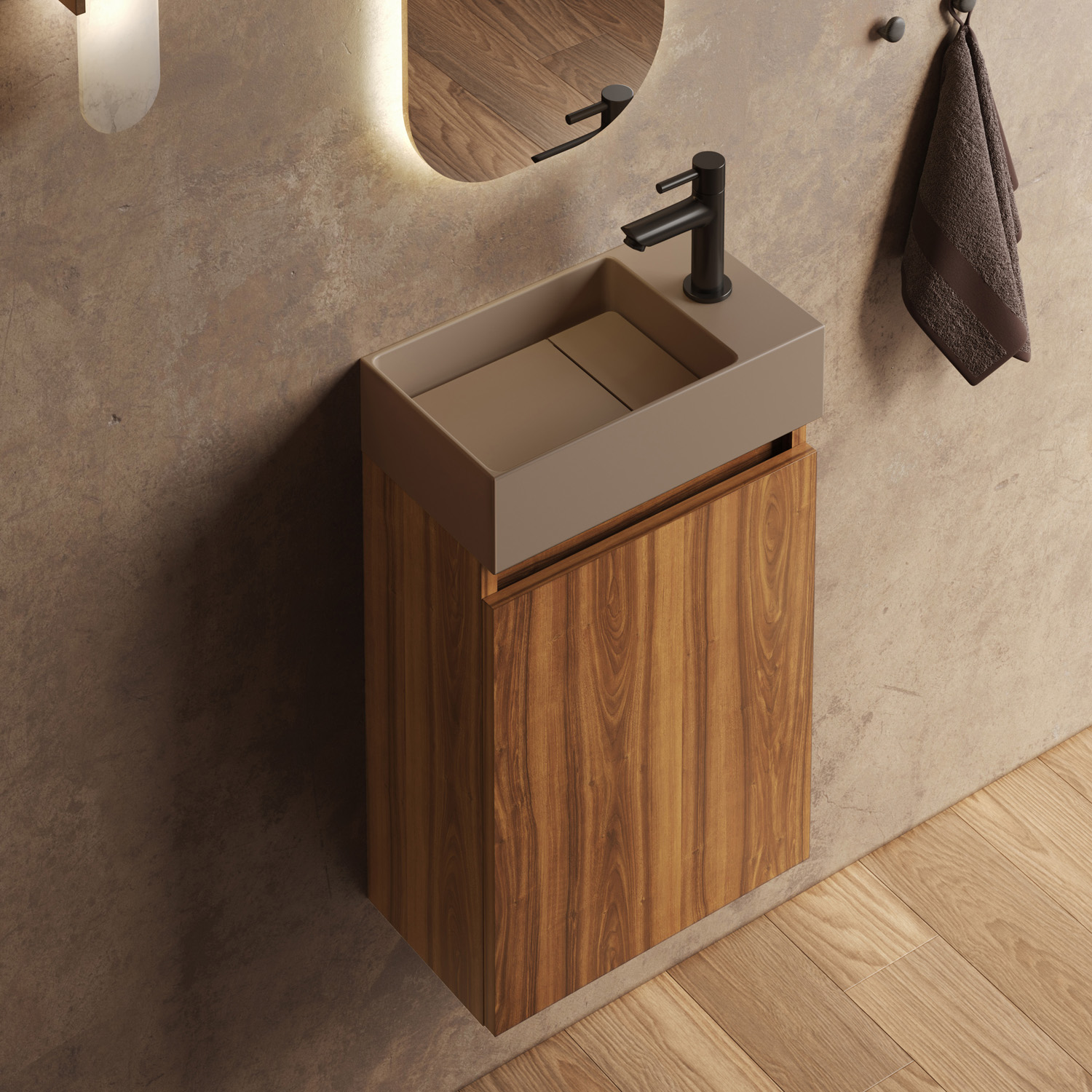 Fontana Itsie toiletmeubel walnoot 40cm met fontein in mat taupe