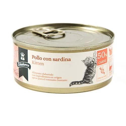 Frango e sardinha enlatados para gatinhos da marca Breeders.