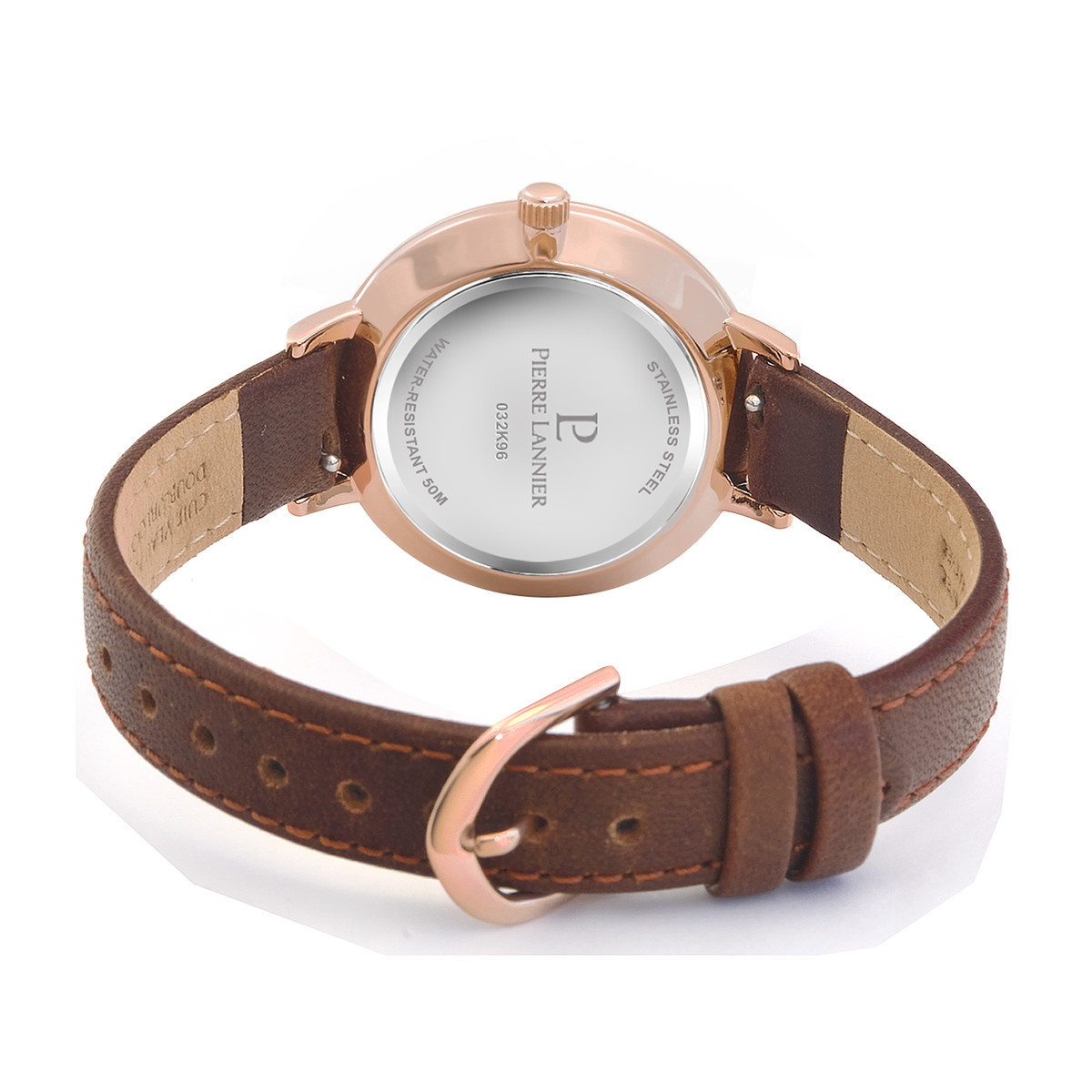 Montre Pierre Lannier femme acier doré rose bracelet cuir marron