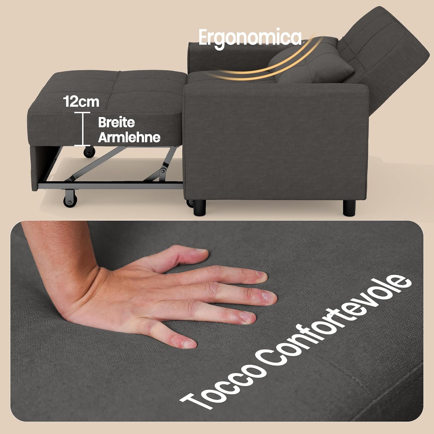 Bealife Relaxsessel, Schlafsessel mit Verstellbarer Rückenlehne, Fernsehsessel, Klappbares Schlafsofa, Relaxsessel fürs Wohnzimmer,Schlafzimmer(Dunkelgrau)