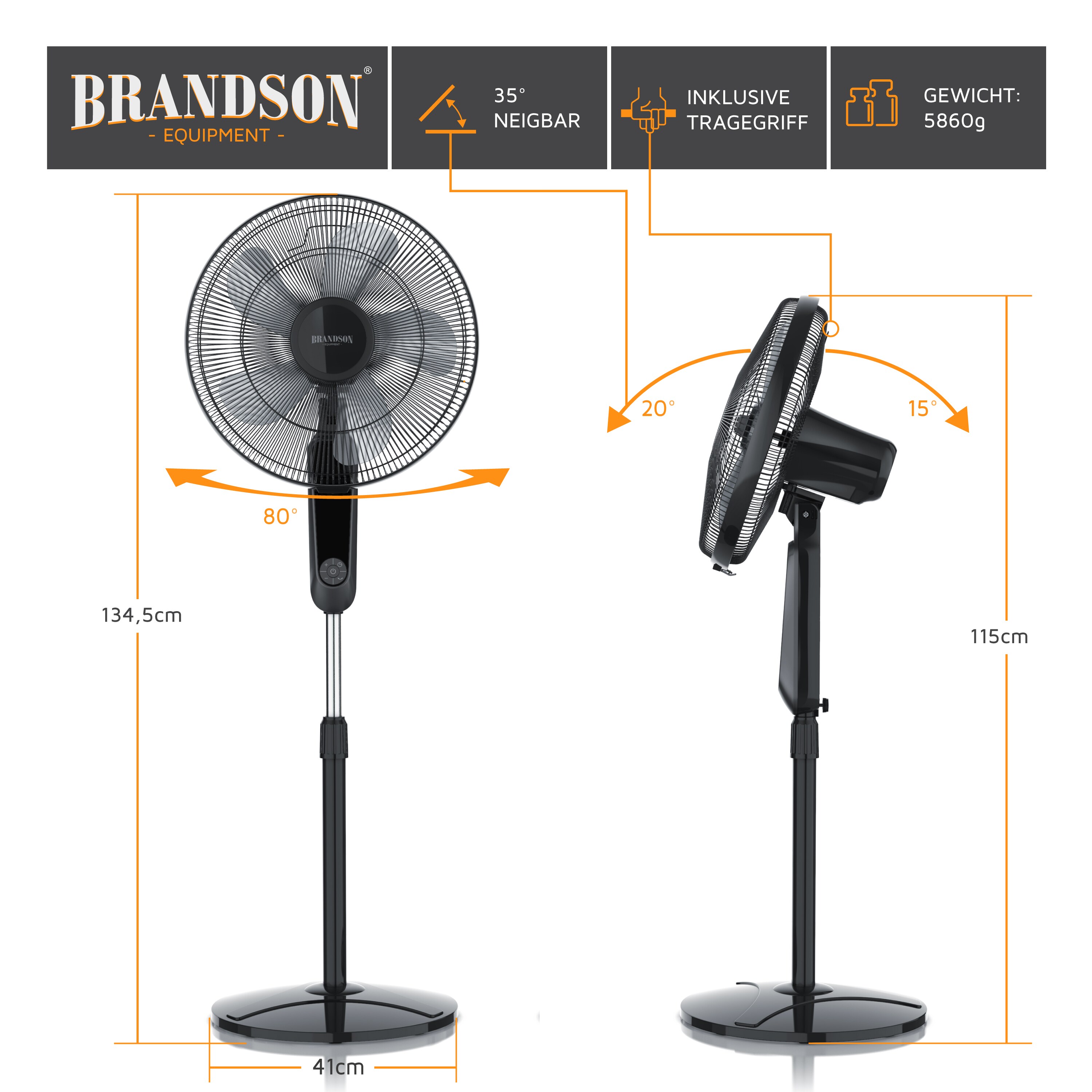 Brandson Standventilator 45,5cm Ø, DC, leise, Fernbedienung, energiesparend, Oszillation, 25 Stufen, schwarz