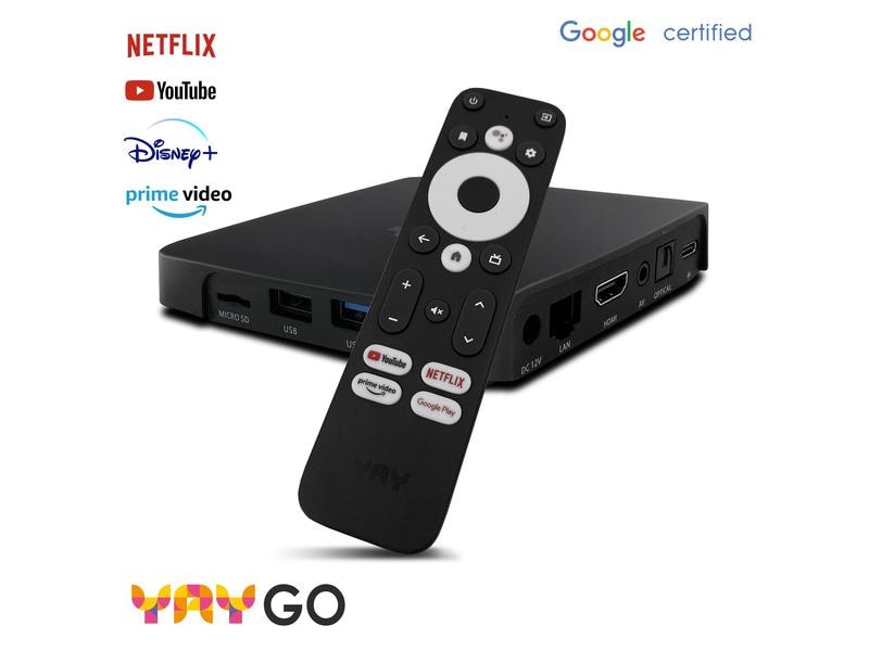 VU  YAY GO High End Android TV Streaming Box – Chromecast integriert