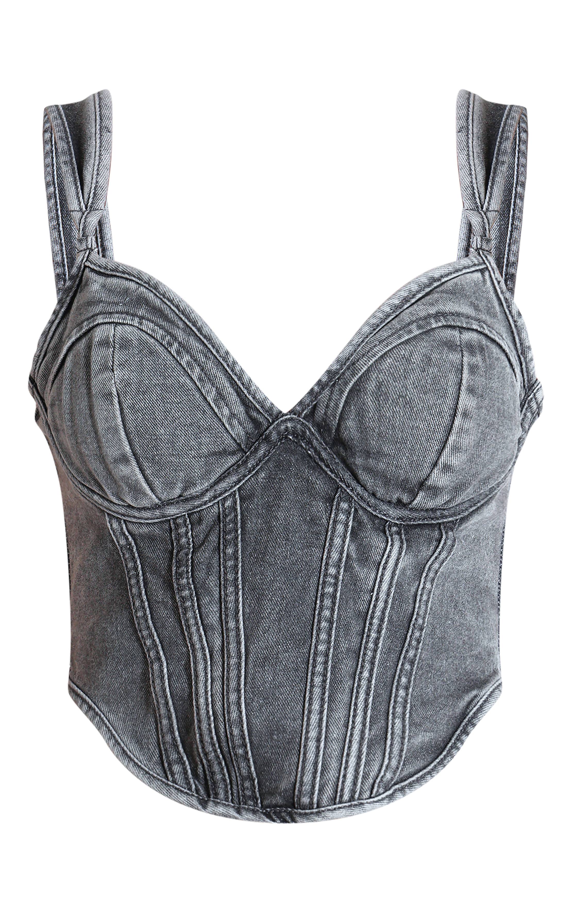Washed Grey Corset En Denim À Ourlet Asymétrique Et Bonnets Bustier