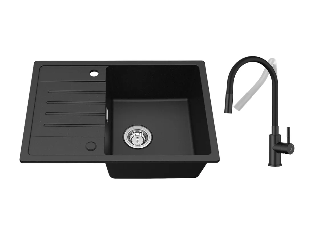 Evier 1 Bac avec Egouttoir, Evier en Quartz et résine Noir 65x45cm + Flexible Mitigeur de Cuisine, 2 Types de Jets Robinet Extractible Noir