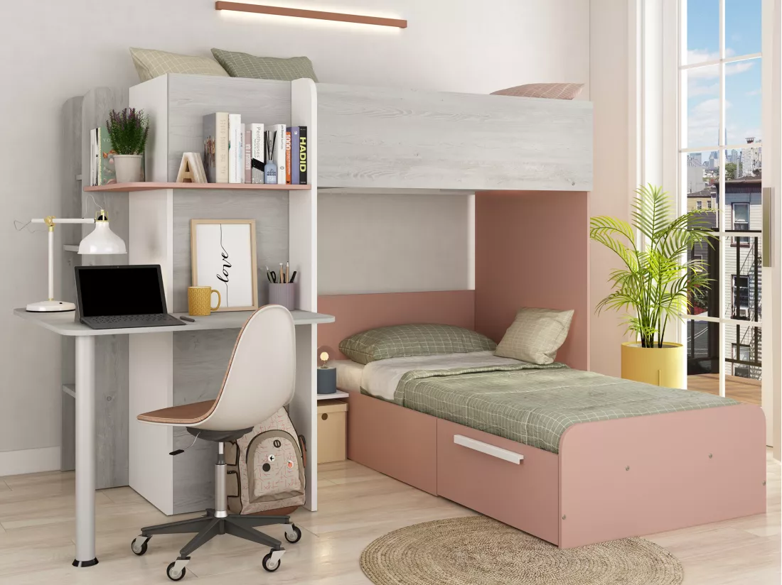 Lits superposés d'angle 2 x 90 x 190 cm - Avec bureau - Gris, blanc et rose + Matelas - SAMUEL