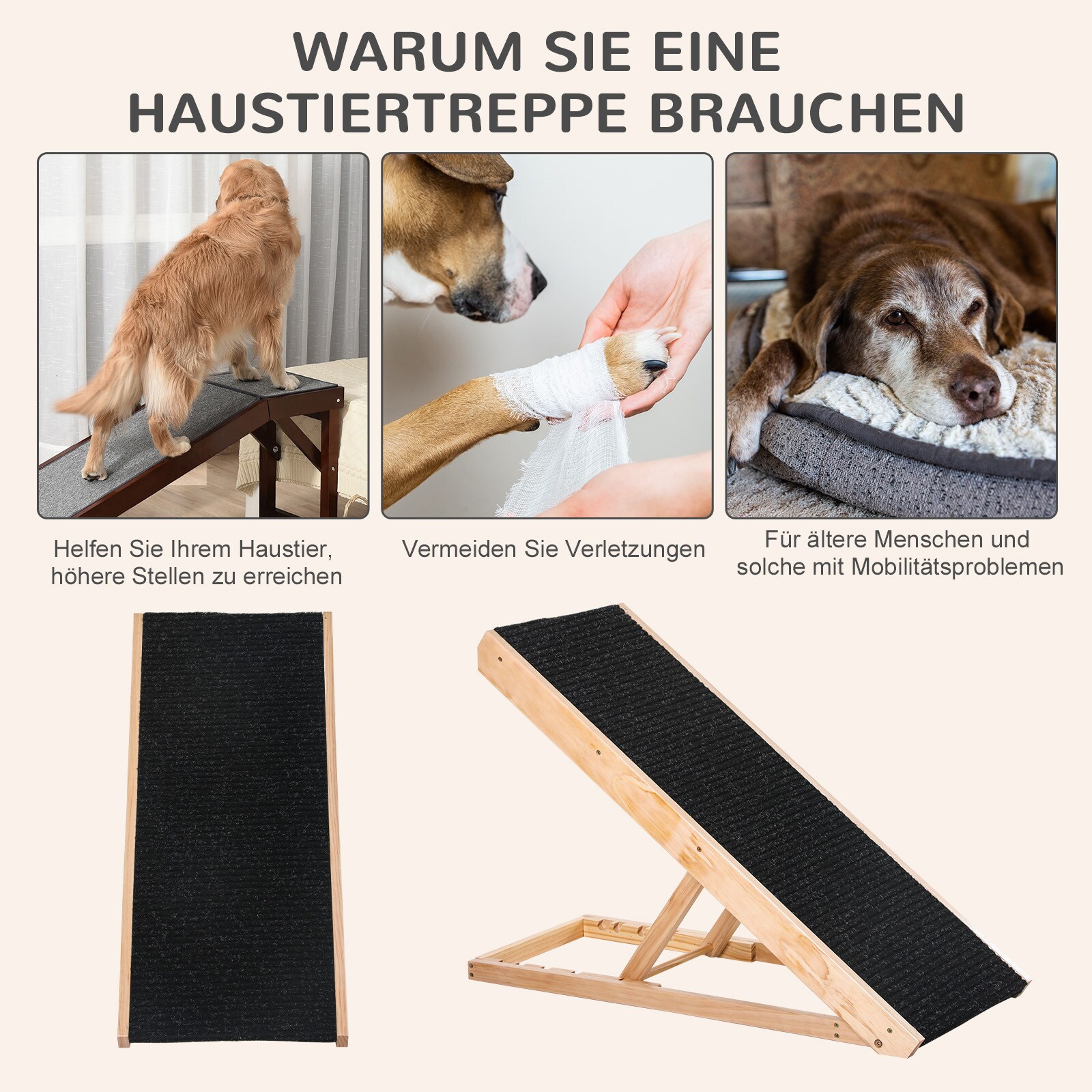 PawHut Hunderampe Für Ältere oder Kranke Tiere, Einstellbare Höhe, Hochwertiges Kiefernholz Schwarz, Naturholz 90 x 40 x 61 cm (BxTxH)