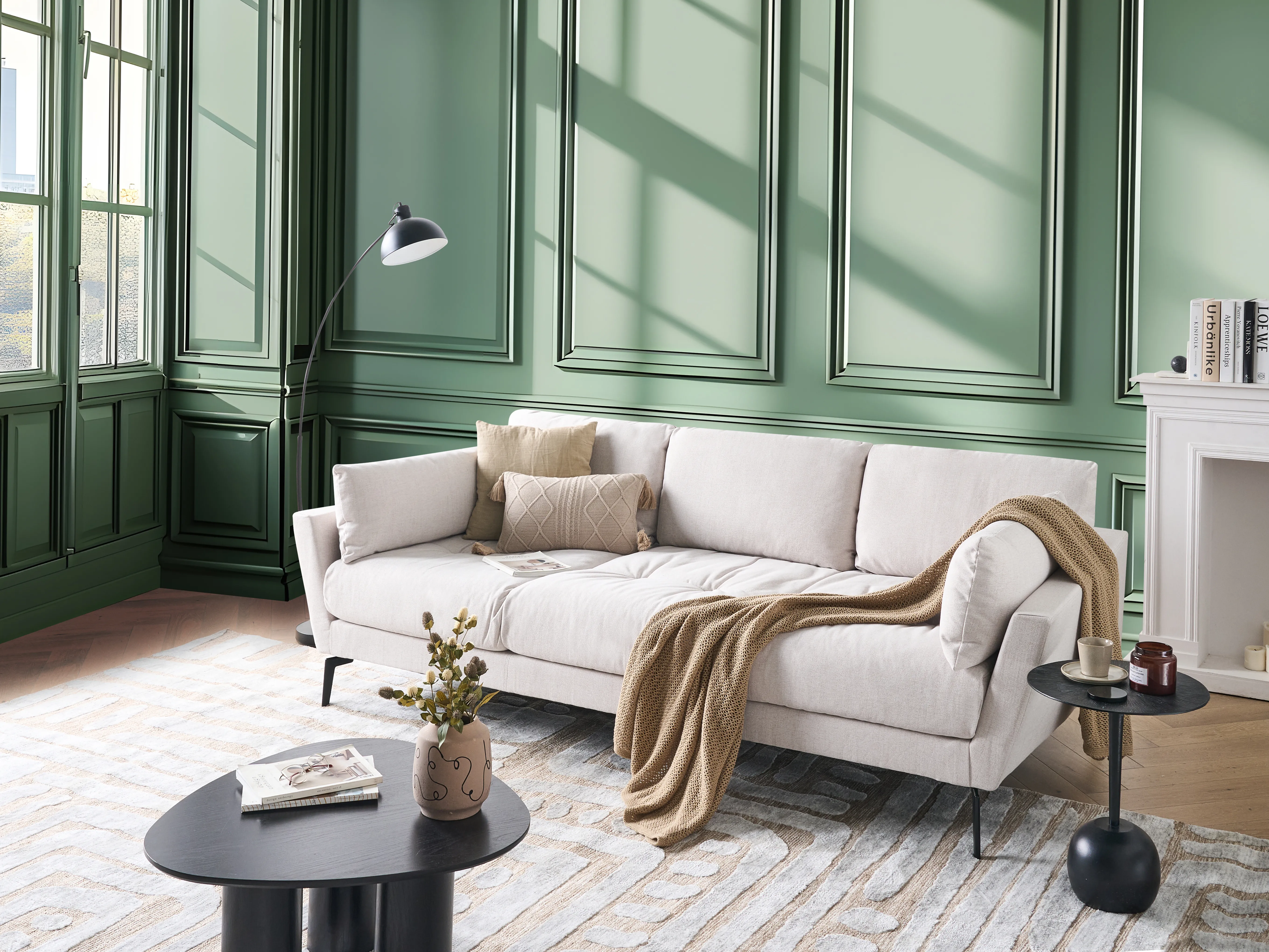 Bank 4-zits NENOLA Stof Lichtbeige