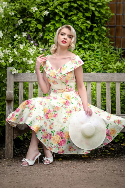 Vintage Diva  Aurelia swing jurk met roze en gele bloemen