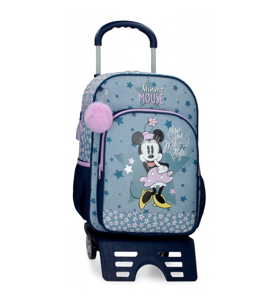 Mochila escolar estilo Minnie da Disney com rodinhas azuis, 30x40x13cm