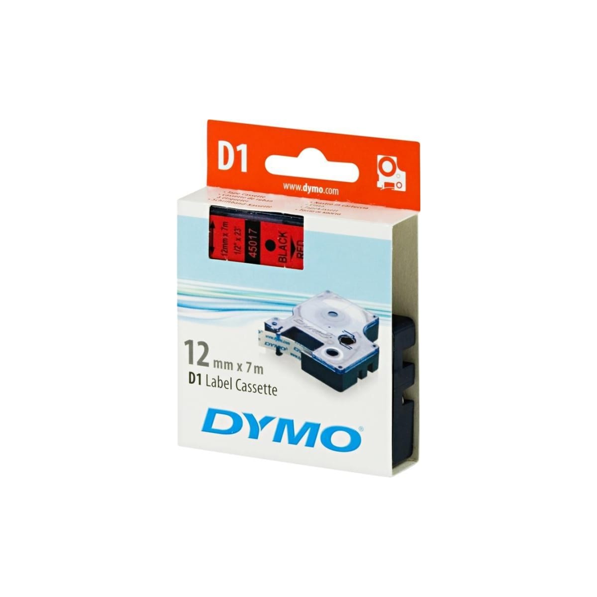 DYMO D1 märktejp standard 12mm, svart på rött, 7m rulle (45017)