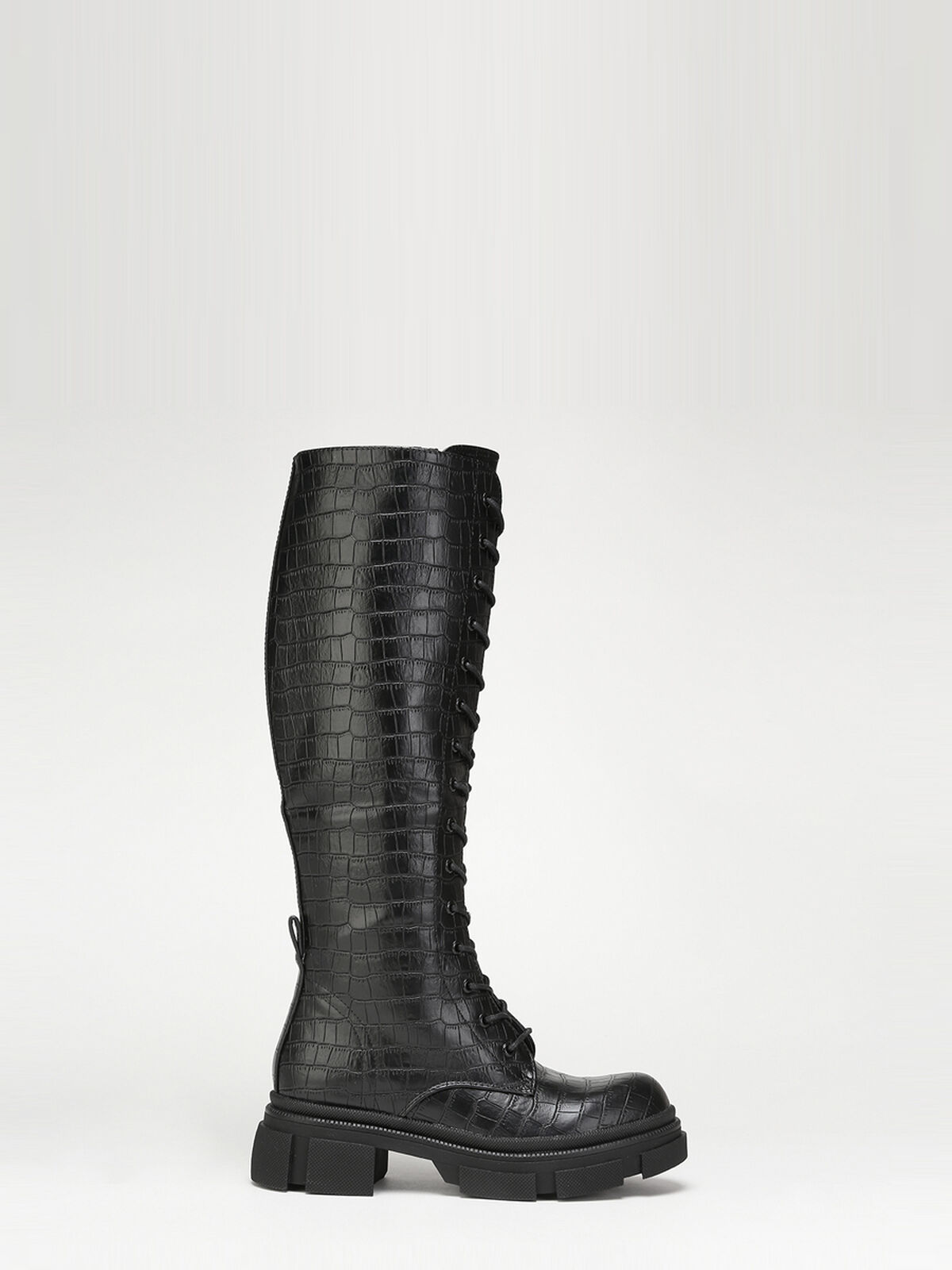 Bottes texturées à lacets et semelle crantée- Noir vernis
