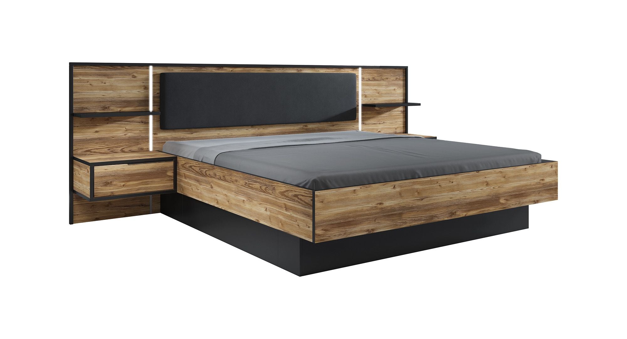 Jacob - Tweepersoonsbed met nachtkastjes - Zwart/Eiken - 180x200 cm