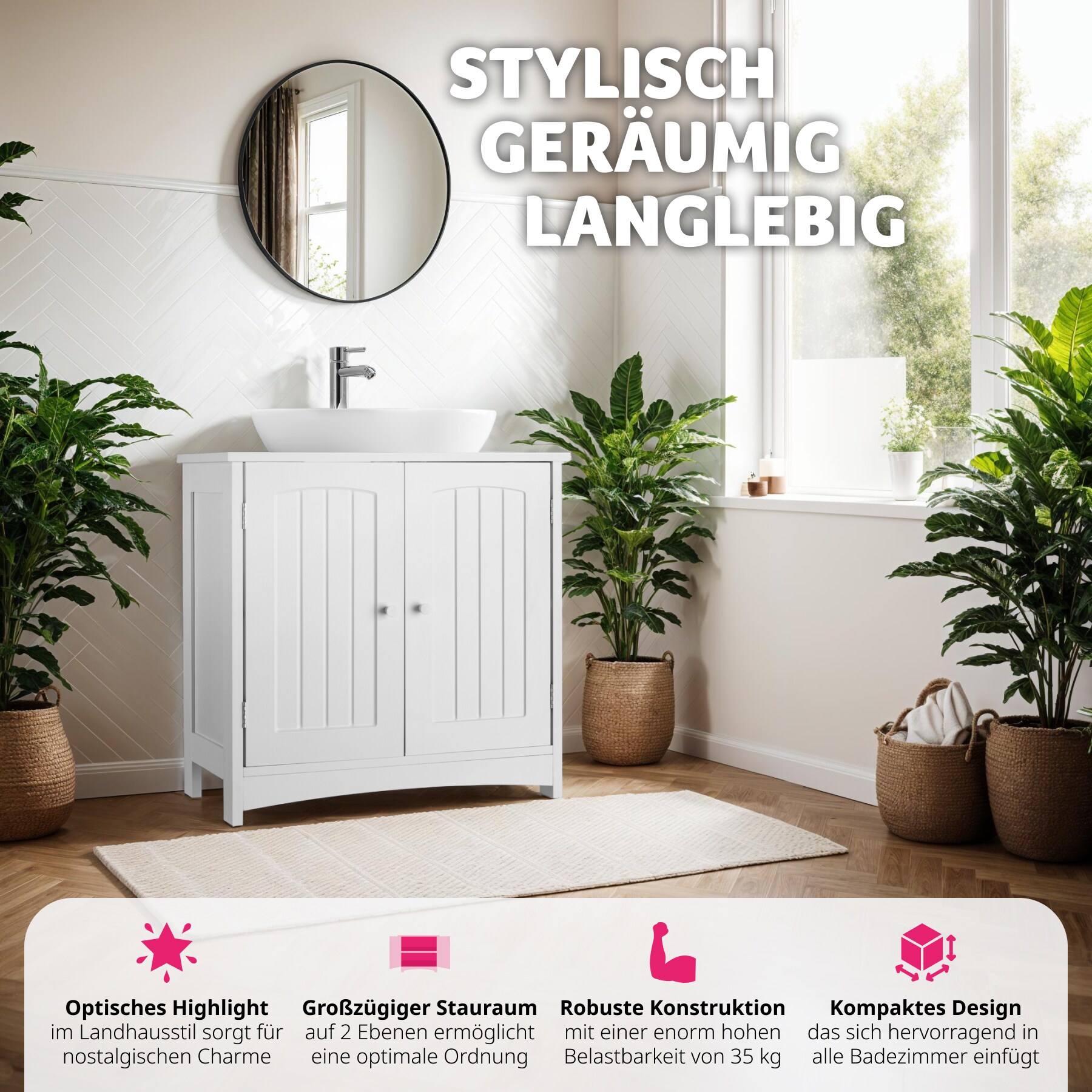 tectake® Waschbeckenunterschrank, 2 geräumige Fächer, 2 leichtgängige Flügeltüren, 62 x 30 x 60 cm