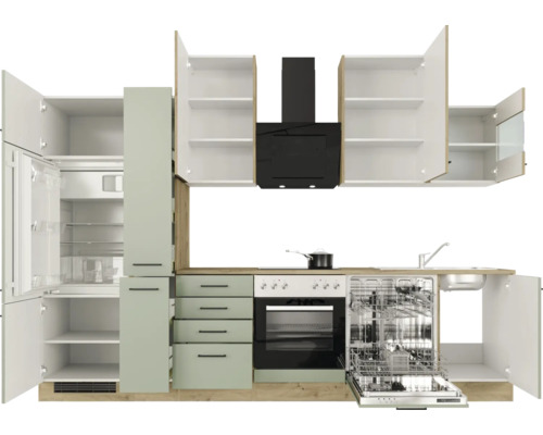 Flex Well keukenblok met apparatuur Cara 310 cm groen eiken mat gedemonteerd omkeerbaar model 00012745