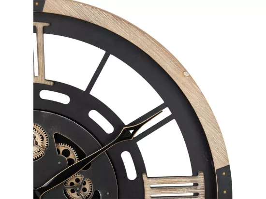 Grande Pendule murale Noir et Bois style vintage avec rouages mobiles D 80 cm