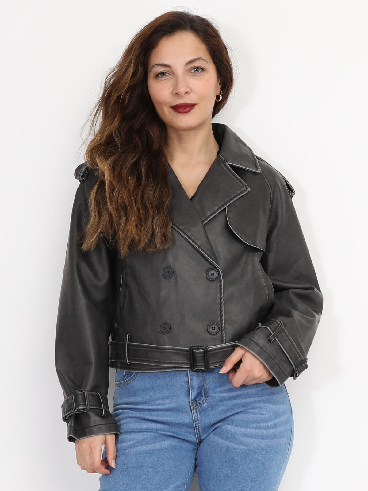 Blouson style trench en simili patiné- Gris foncé