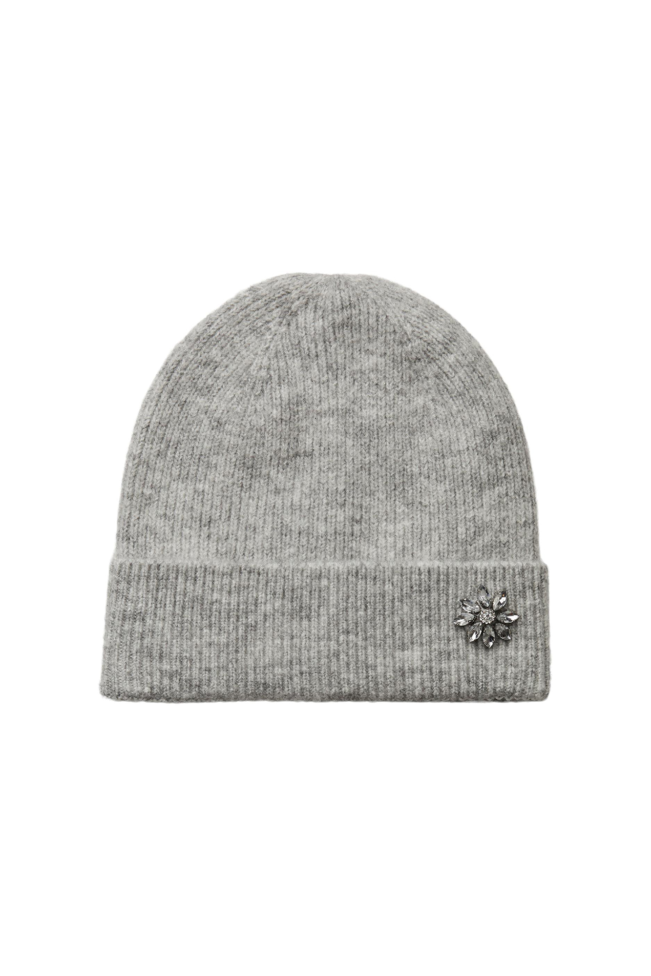 Gorro de tricô com detalhe em lurex. Estampa de flor em formato de diamante em um dos lados. Textura macia e aba dobrada.