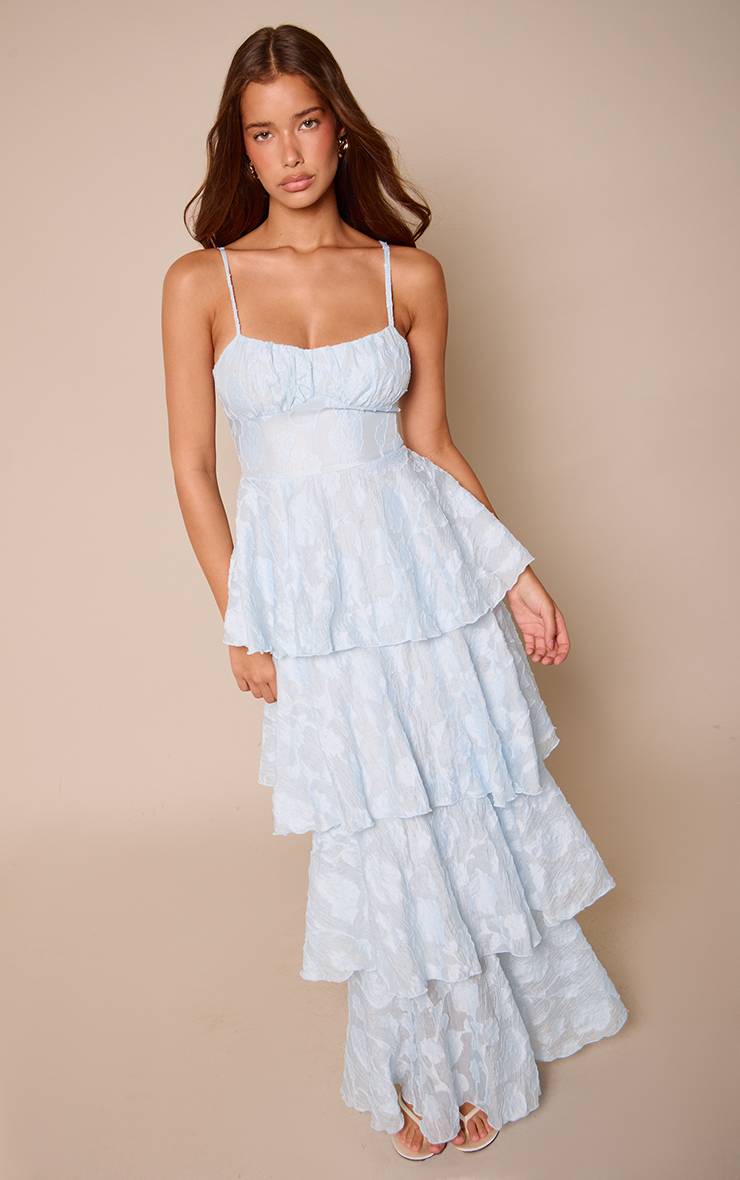 Bleu Layette Robe Longue Étagée Texturée