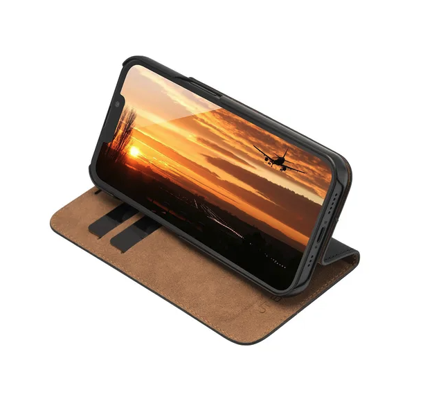 iPhone 16e Echtleder Bookcase Hülle Tegel (11106) - Schwarz