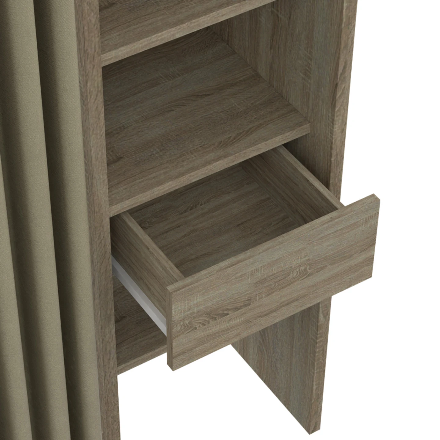 Dressing extensible double MERYL 120/180 x 50 x 180 cm hêtre avec étagères + double penderie + rideau taupe