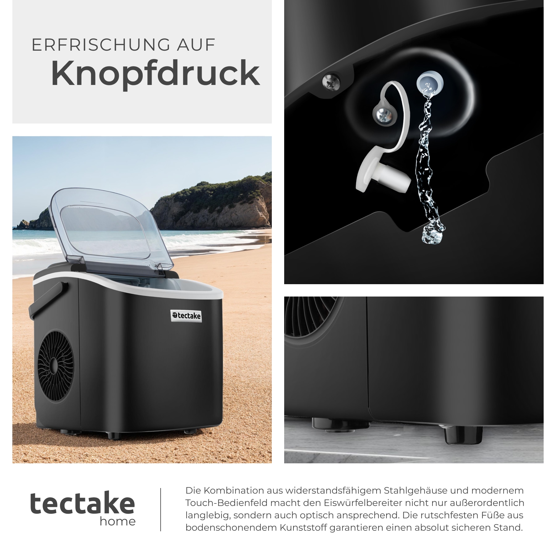 tectake® Eiswürfelmaschine, 1,2 l Wassertank, 2 Eiswürfelgrößen, 2 Assistenzsysteme, mit Reinigungsprogramm, inklusive Eiskorb und Eisschaufel