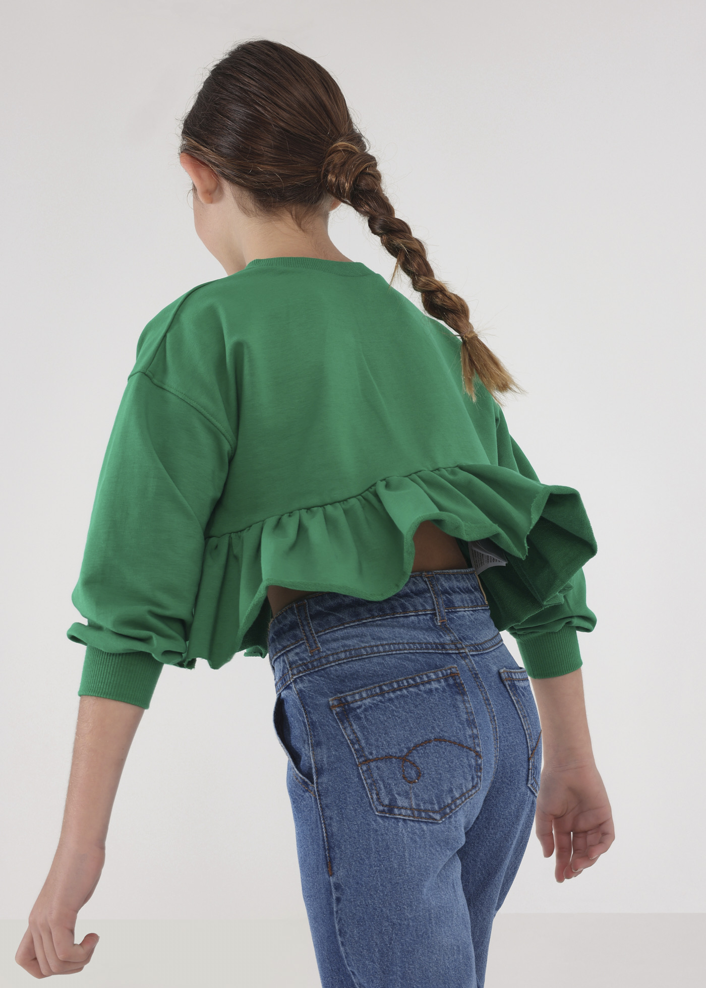 Calça jeans folgada de algodão com cintura alta para meninas