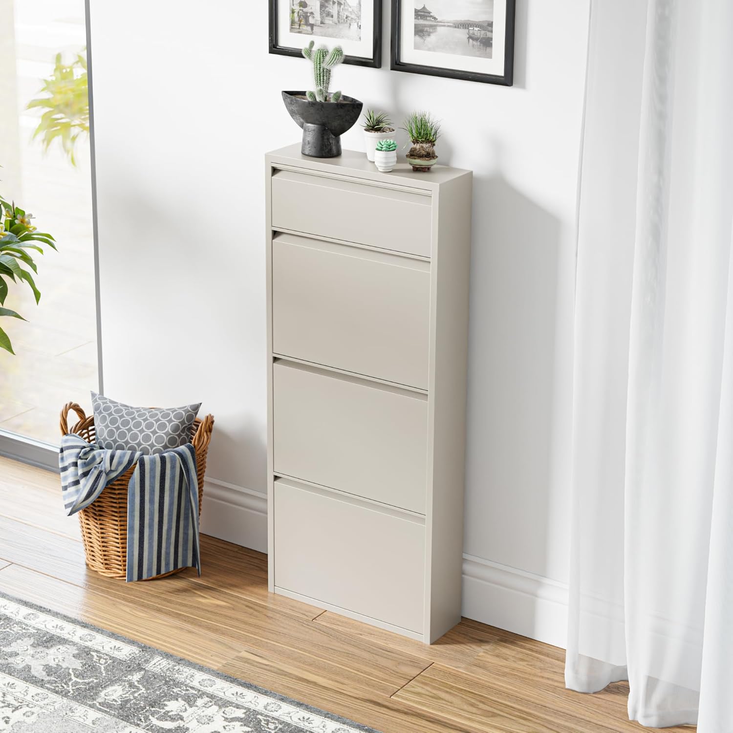 [en.casa] Schuhschrank Sokndal Schuhkipper mit 4 Klappen Metall Schuhkommode für 6 Paar Schuhe 118 x 50 x 15 cm Pfefferweiß