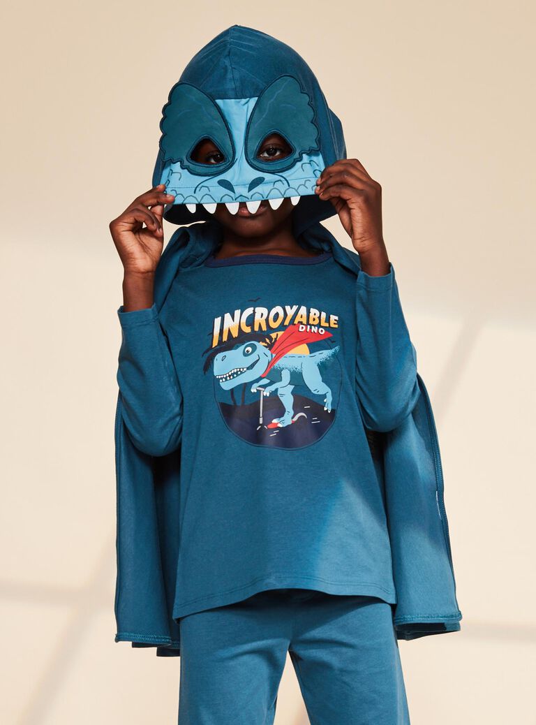 Pyjama deux pièces bleu canard en coton avec cape tête de dinosaure