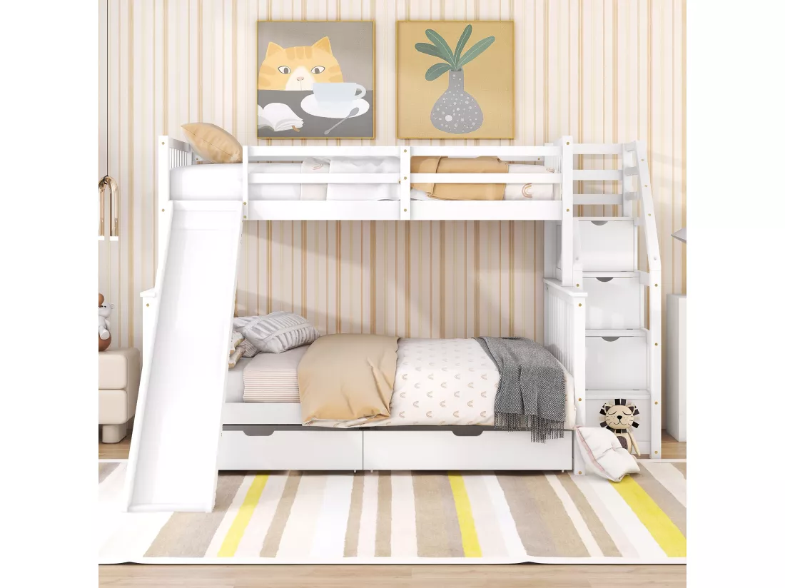 Lit superposé avec tiroirs - 90 x 200 cm + 140 x 200 cm - échelle, toboggan et sommier à lattes - Coloris blanc