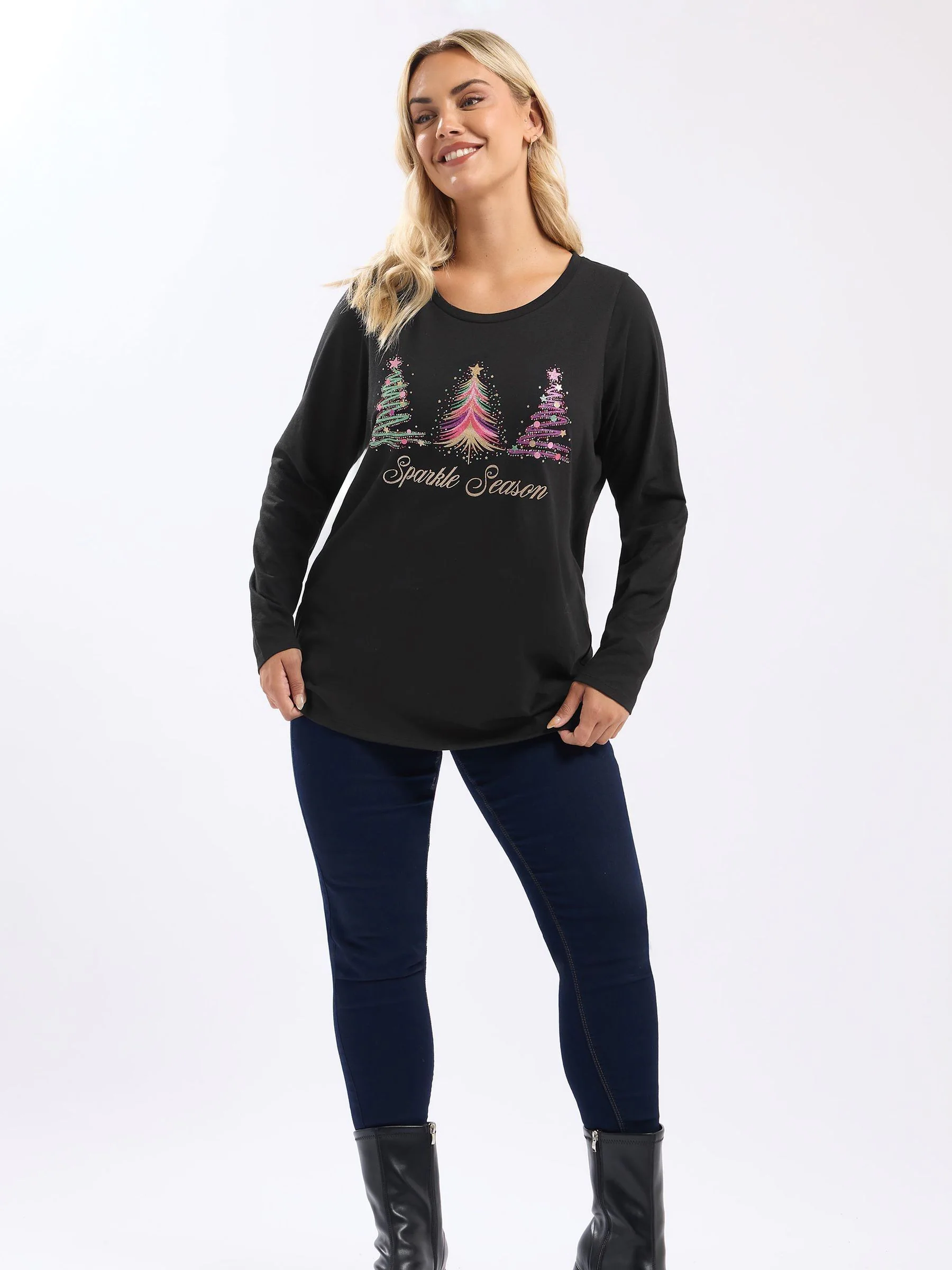 Yours Curve Lange Mouw Novelty Sprankelende Bomen T-Shirt