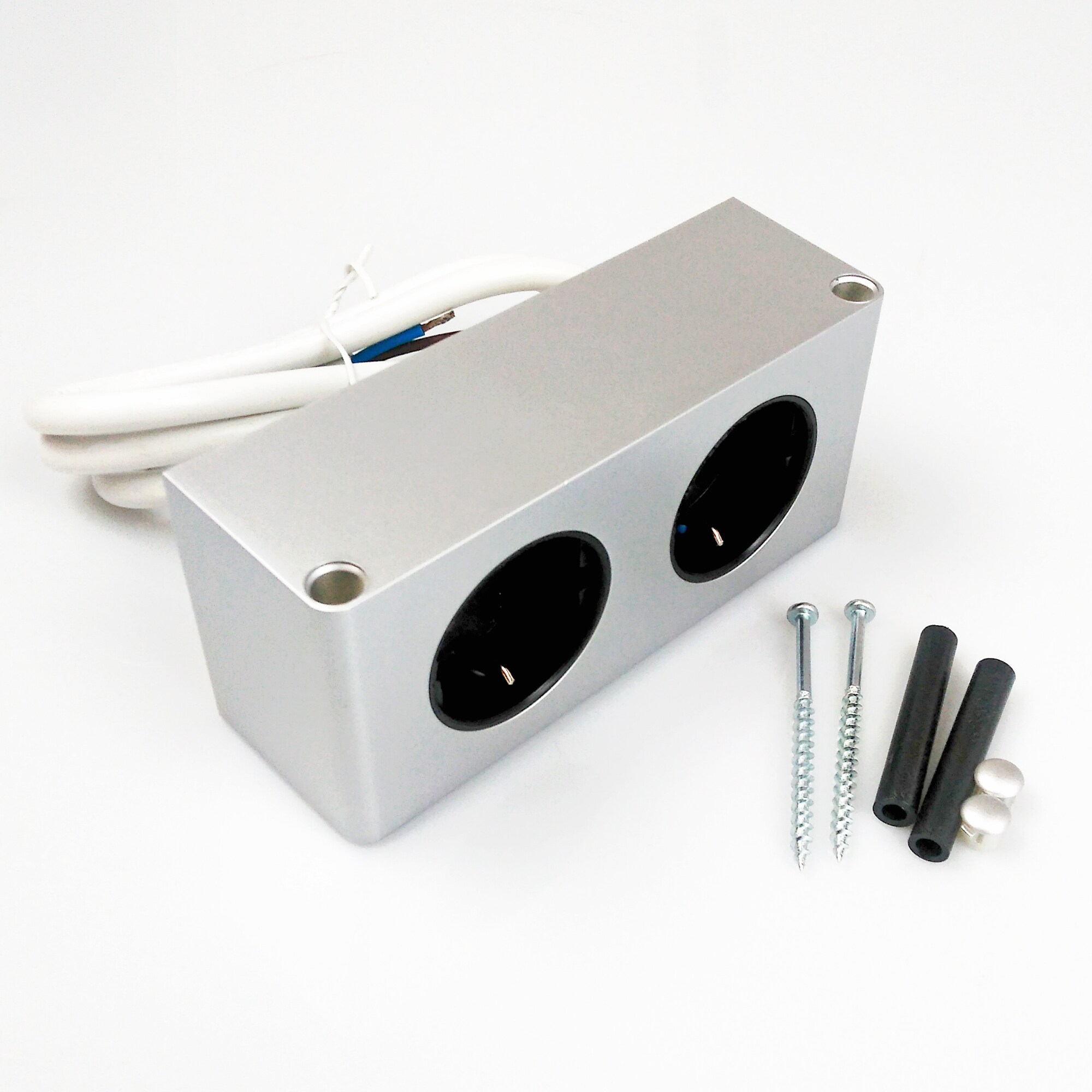 kalb | 2-fach Steckdosenleiste zur Montage, 2x 230V Steckdose 140x46x62.5 mm, Anschlusskabel ohne Stecker, Silbergrau