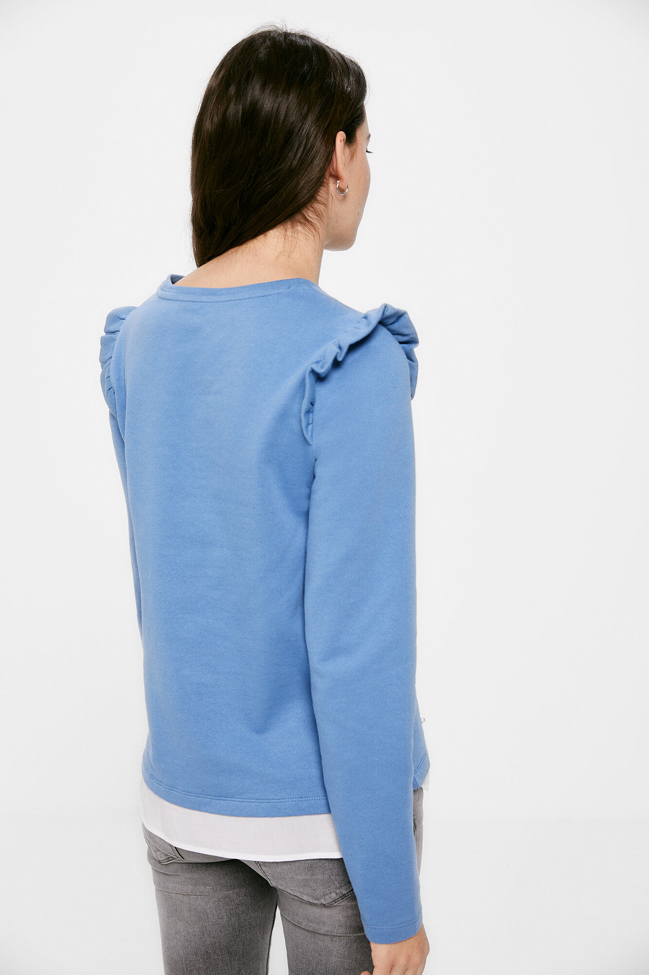 Blusa de moletom com babados e pérolas - Azul índigo