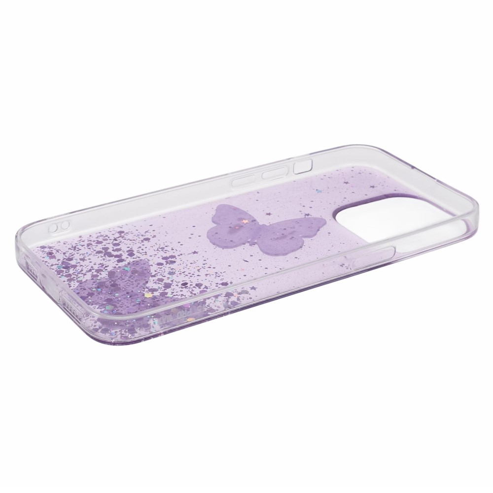 iPhone 16 Pro Max Hybrid Hardcase Schutzhülle im Glitzer Design Schmetterling - Violett / Transparent