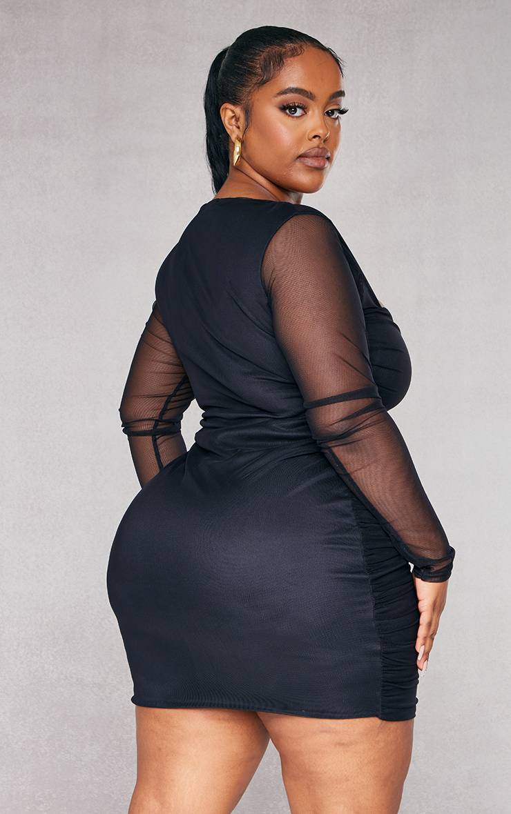 Noir Robe Moulante Grande Taille À Encolure Carrée En Résille Froncée