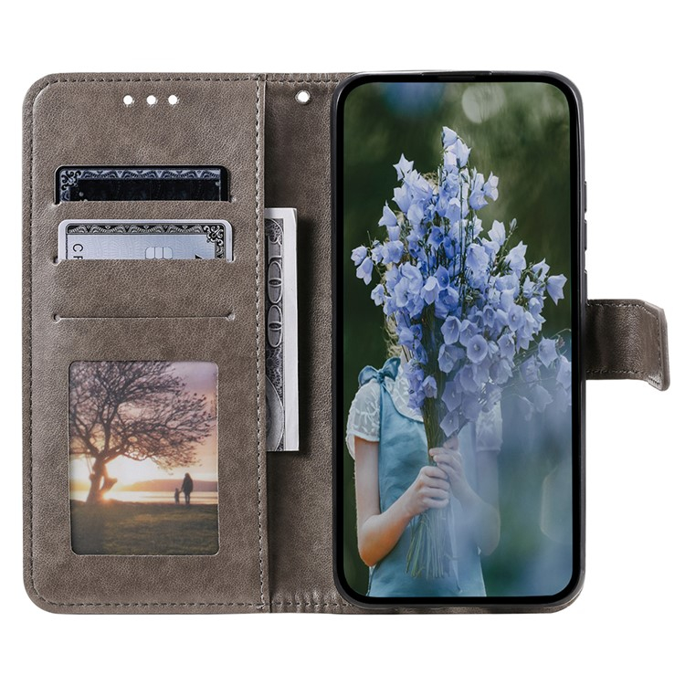 Samsung Galaxy A56 Leder Tasche Wallet - Mandala Flowers Imprint - Grau