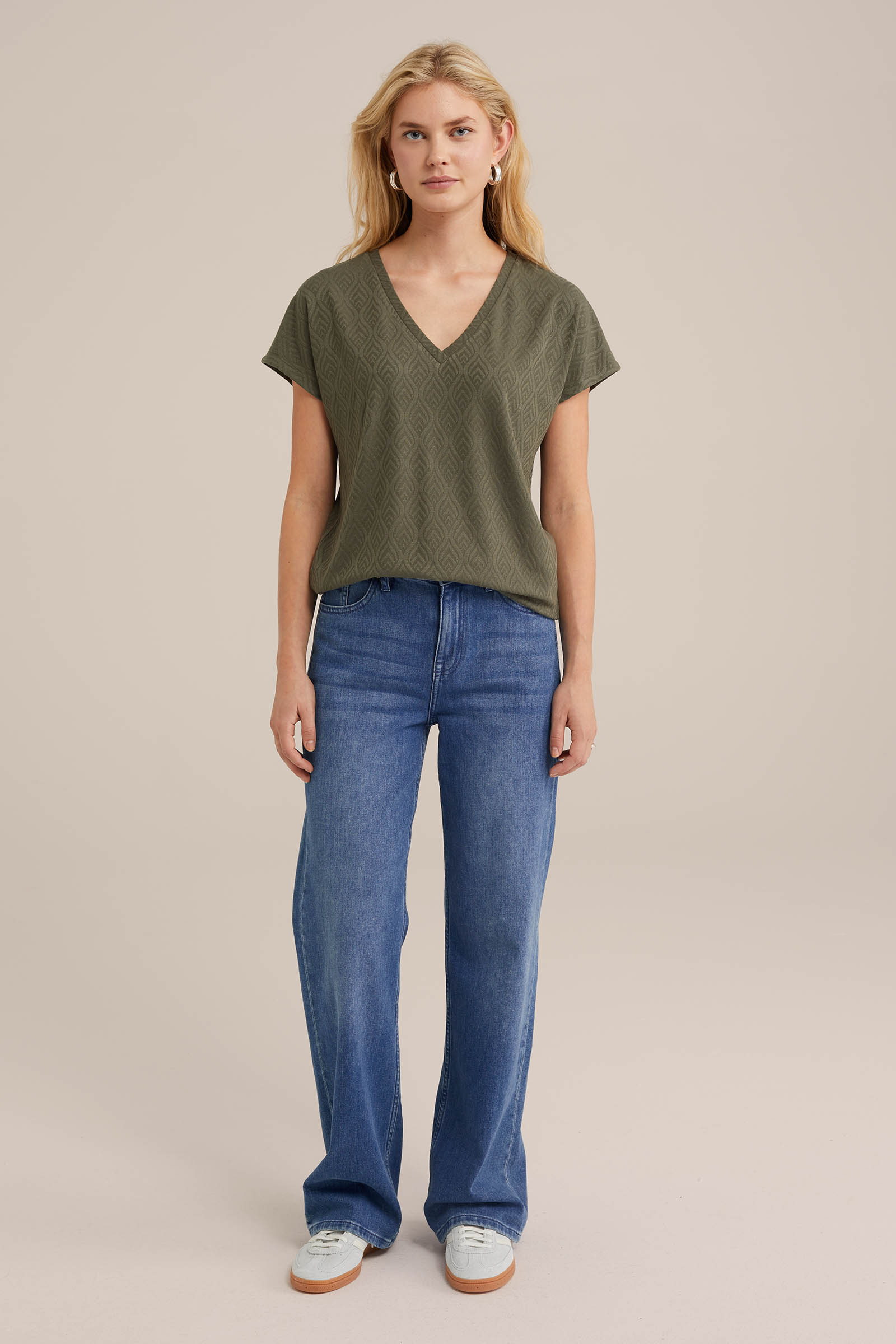 T-shirt met jacquard-dessin WE Fashion Donkergroen