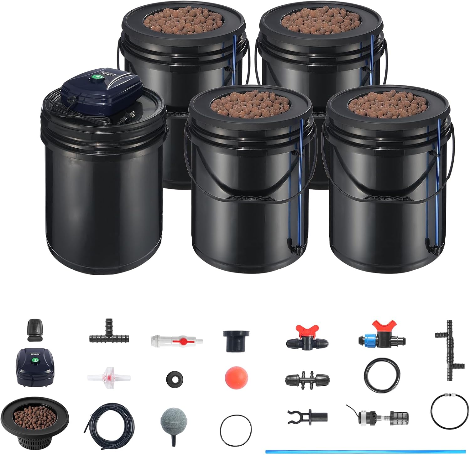 VEVOR RDWC Hydroponisches Anbausystem, Hydrokultur Anzuchtsysteme mit Tropfsystem, Umwälz-Tiefwasserkultur, 4 Eimer und 1 Reservoir, mit Luftpumpe und Wasserstandsanzeige für Blattgemüse