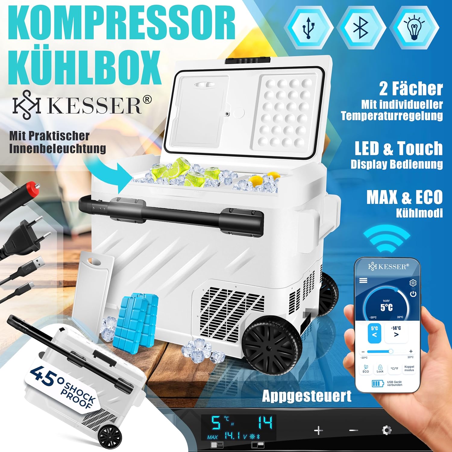 KESSER® Kompressor Kühlbox elektrisch 51 Liter | Camping Gefrierbox mit LED-Touch| Mit APP-Steuerung & Kühlakkus USB-Anschluss 12/24 V 230V | Kühlschrank Kühlung bis -20 °C für Auto LKW Weiß Schwarz