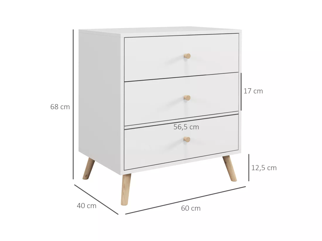 Commode 3 tiroirs design scandinave piètement effilé incliné bois pin MDF blanc