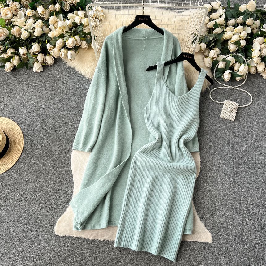 Lucuna - Set: Mouwloze ronde hals, effen geribbelde midi-jurk met kokerrok + sjaalkraag, open voorkant, lange cardigan