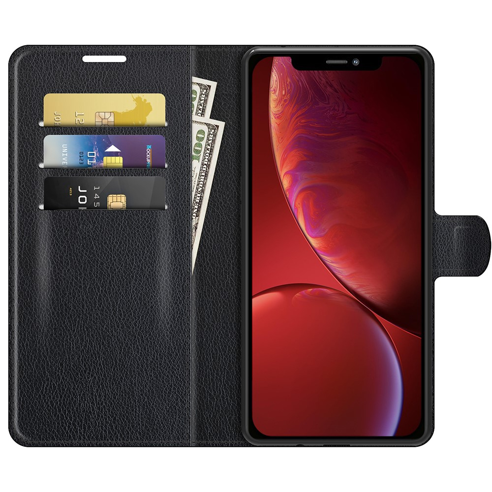 iPhone 13 Leder Tasche Flip Cover Litchi Look - Schwarz