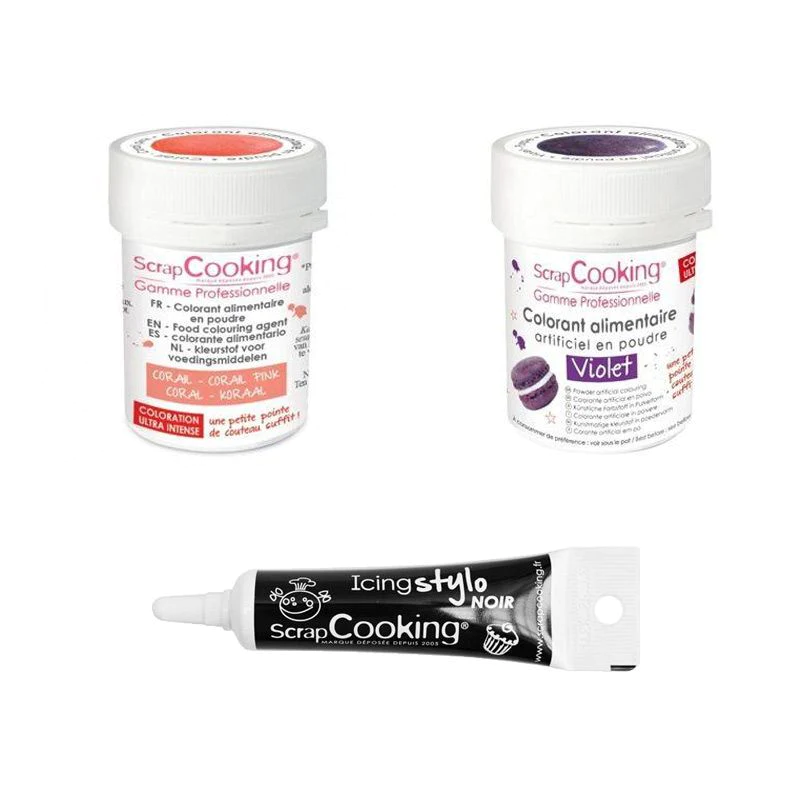 2 colorants alimentaires corail-violet + Stylo glaçage noir Scrapcooki