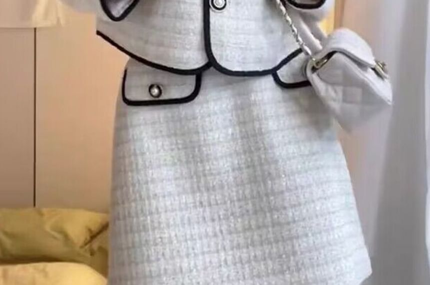 innomori - Set: Tweed strik-overhemd met knoopjes + hoge taille mini A-lijn rok