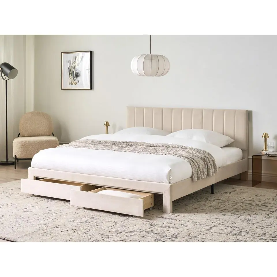 LONZAC - Bed met opbergruimte - Beige - 180 x 200 cm - Fluweel