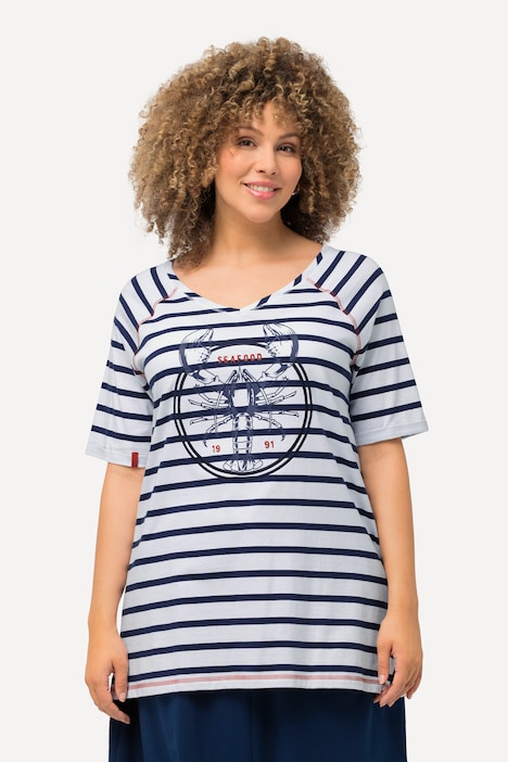 T-Shirt, Ringel, Hummer, A-Linie, V-Ausschnitt, Halbarm