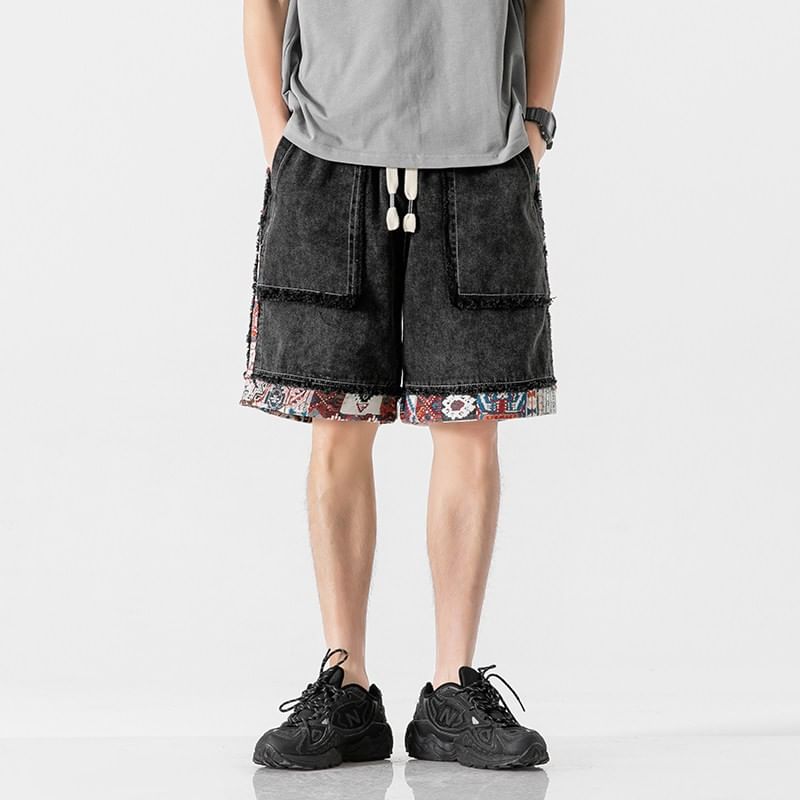 VEAZ - Denim shorts met trekkoord in de taille en gewassen rafelpaneel