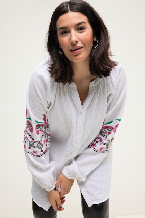 Musselin-Bluse, oversized, Tunika-Ausschnitt, Stickereien