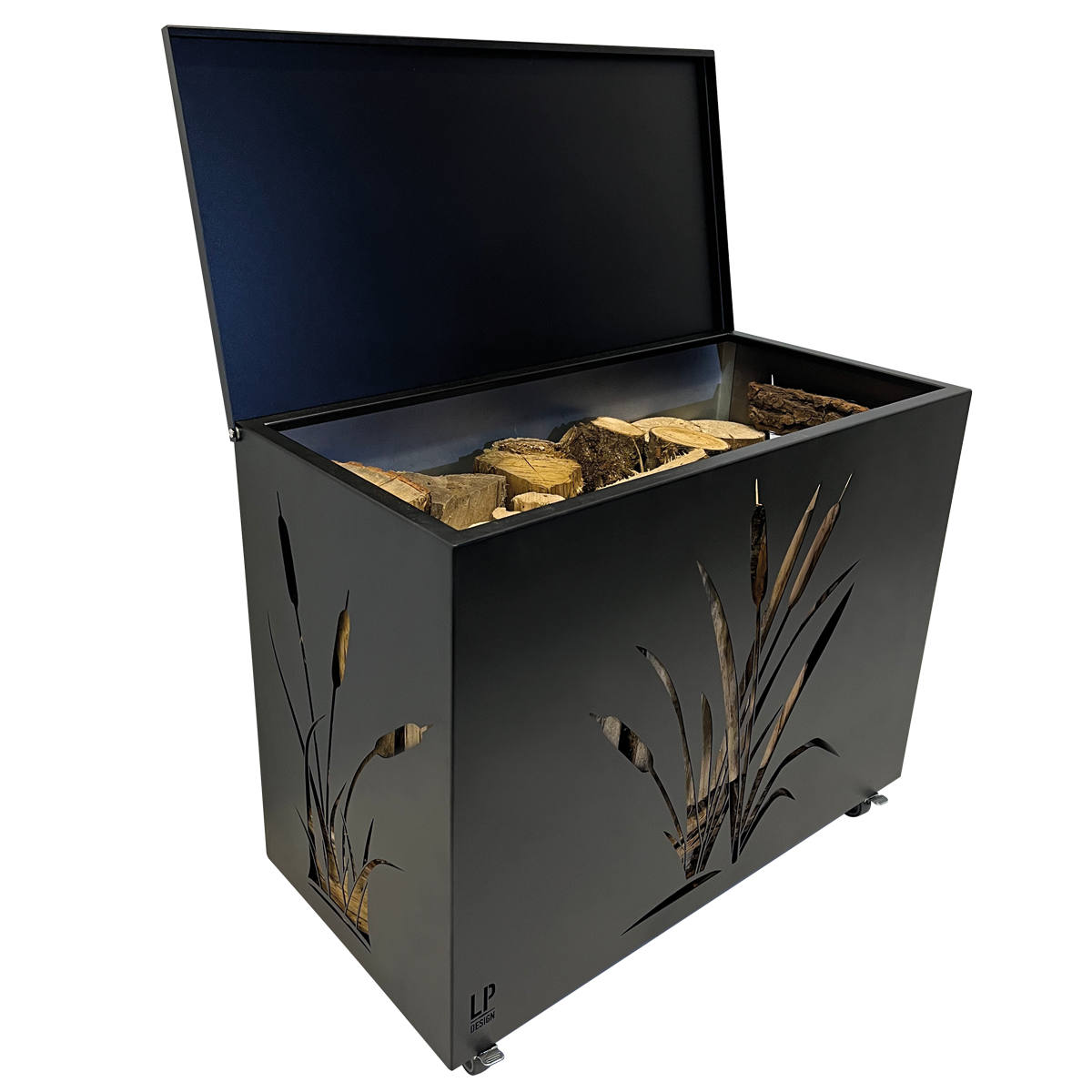 Coffre à bûches sur roulettes acier peint noir h 64cm